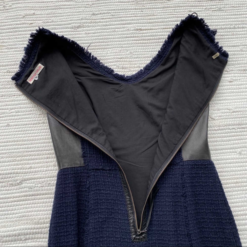 Rebecca Taylor Navy Blue Fringed Tweed Black Leather Panel Sheath Dress Size 4 - Picture 8 of 11